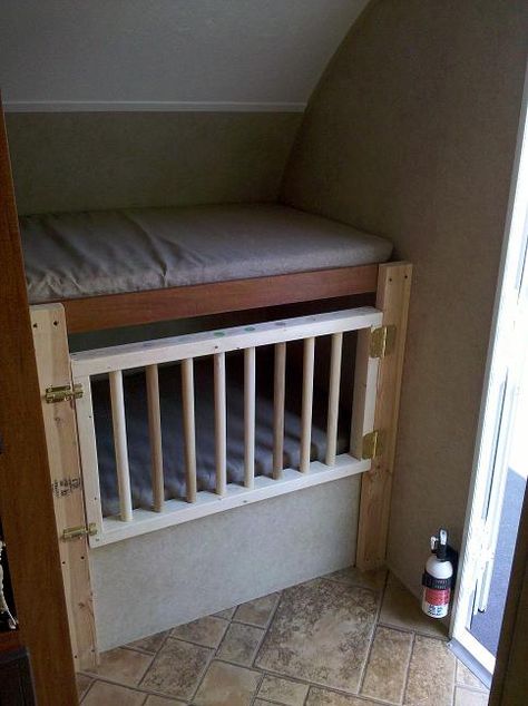 Camper Crib Ideas, Baby Bed Ideas, Diy Camper Bunk Beds Travel Trailers, Rv Bunk Bed Rails Diy, Rv Bunk Bed Rails, Camper Trailer Bunk Bed Ideas, Rv Baby Crib Bunk Bed, Camper Bunk Bed Rails, Trailer Bunk Bed Rail