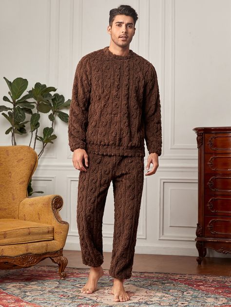 Coffee Brown  Collar Long Sleeve  Plain Pajama Sets Embellished Medium Stretch  Men Underwear & Loungewear Men’s Loungewear, Pijama Style, Pajama Party Outfit, Lounge Wear Men, Lounging Outfit, Winter Loungewear, Pajamas Aesthetic, Men Loungewear, Function Dresses