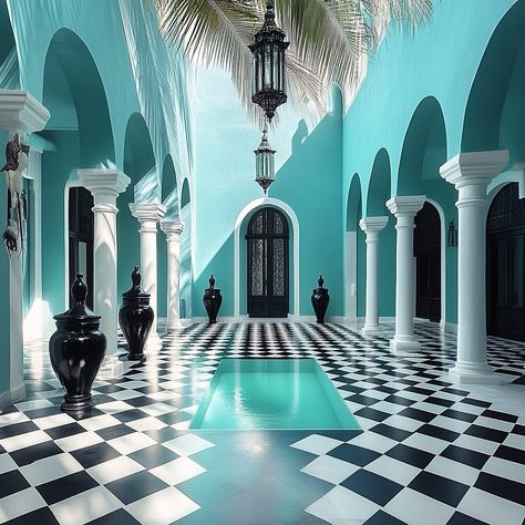 Moroccan Magic! 🏰 Turquoise dreams, checkerboard tiles, and a splash of luxury—this villa has it all! #VillaVibes Concept and visuals by @beyti.inspires #architecture #palace #black #morocco #marrakesh #interiores #interiordesign #dark #luxury #luxuryvilla #villatour #homeidea #luxuryhome #oriental #design #designer #deco #decor #decoration #decorate #decorating Luxury Moroccan Interior, Moroccan Interiors, Luxury Villa, Morocco, Decor Project, Luxury Homes, Villa, House Design, Interior Design