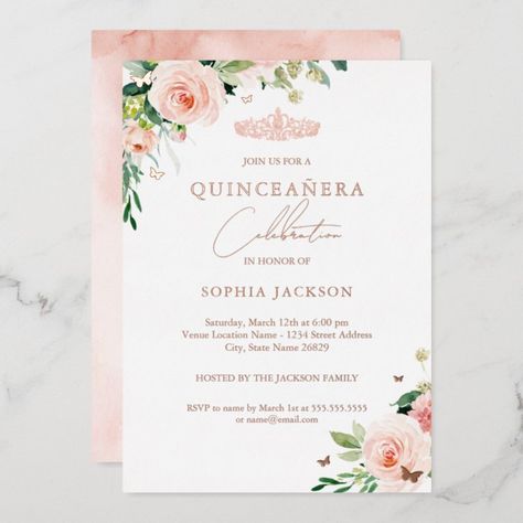 Rose Gold Quinceanera, Quinceañera Ideas, Quince Invitations, Baby Birthday Decorations, Rose Gold Invitations, Blush Gold, Foil Invitations, Quinceanera Invitations, Birthday Template