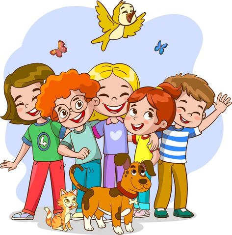 Cute happy kids hugging, smiling, standing together. Diverse children group portrait. Excited joyful little girls and boys, best friends. Flat vector illustration isolated on white background Friends Picture Cartoon, Friends Vector, Kids Hugging, Dj Movie, National Best Friend Day, Friends Cartoon, Group Portrait, Learning Books, Letter Games