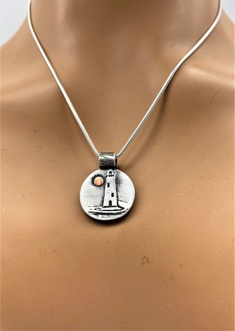 Silver Clay Jewelry Ideas, Lighthouse Jewelry, Lighthouse Pendant, Metal Clay Designs, Metal Clay Pendant, Lighthouse Gifts, Lighthouse Design, Gifts For Boaters, Pmc Jewelry