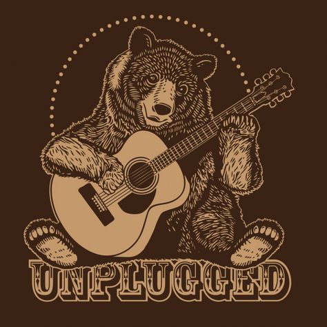 Bear Playing Banjo, Bear Playing Guitar Drawing, Vintage Bear Illustration, Bear Playing Guitar, Camping Drawing, Guitar Illustration, Guitar Drawing, Carnival Posters, Adventure Logo