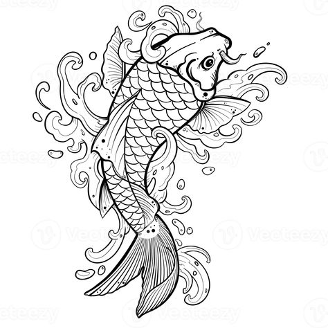 Koi fish tattoo with water splash Asian or Japanese style Pez Koi Tattoo, Japanese Fish Tattoo, Black Koi Fish, Japanese Koi Fish Tattoo, Tato Ikan Koi, Colouring Pictures, Ikan Koi, Japanese Fish, Koi Tattoo