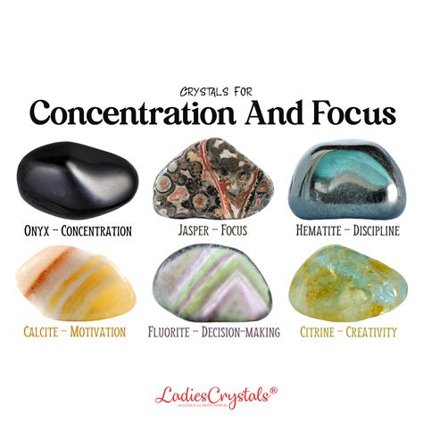 This is a concentration and focus crystal set of 6 crystals. Onyx, jasper, hematite, calcite, fluorite and citrine. The concentration and focus set include: ☆ 6 crystals are listed above with sizes 2 - 2,5 cm. ☆ Glossy Information card with the properties of crystals. ☆ Velvet bag for your stones. ☆ Gift card (optional). ☆ Everything is packed in a small elegant box with a ribbon ready to be given as a gift. ☆ CRYSTALS PROPERTIES ☆ Onyx - Concentration Jasper - Focus Hematite - Discipline Calcit Crystal Healing Chart, Crystals Healing Properties, Spiritual Crystals, Information Card, Crystal Healing Stones, Crystal Magic, Minerals And Gemstones, Crystal Set, Makeup Eyeliner