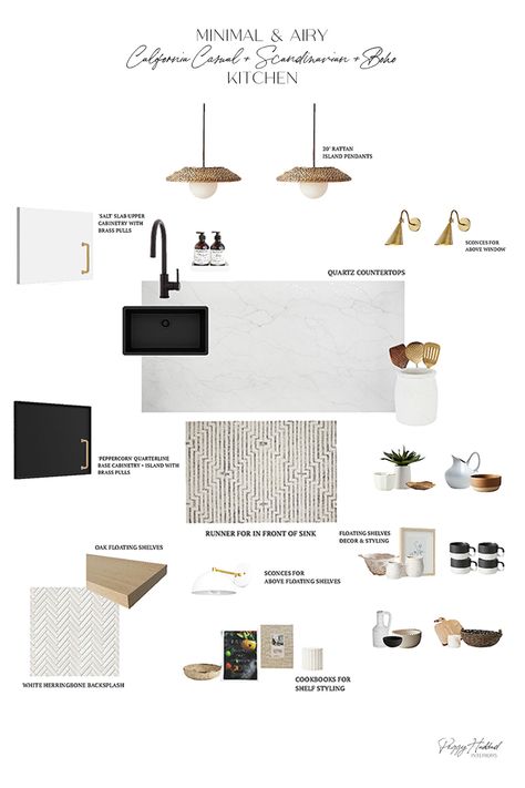 Boho Scandinavian Kitchen, Farmhouse Boho Kitchen, White Herringbone Backsplash, Oak Shelving, Full Kitchen Remodel, Casual Kitchen, Scandinavian Farmhouse, Kitchen Mood Board, Boho Scandinavian