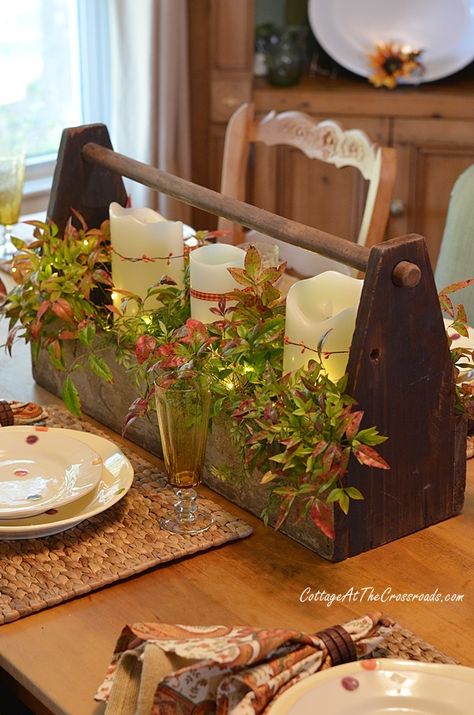 Farmhouse Table Ideas, Farmhouse Tablescape, Wooden Box Centerpiece, Old Tool Boxes, Wood Box Centerpiece, Wood Tool Box, Wooden Tool Boxes, Fall Farmhouse, Faux Greenery