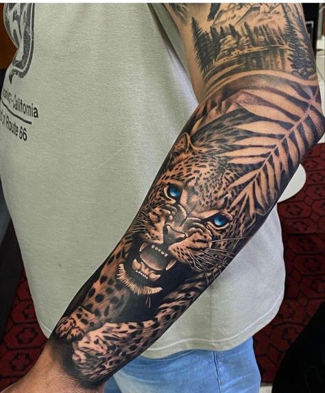 Jaguar Tattoo Forearm, Leapord Tattoo Men, Trisha Tattoo, Upper Arm Tattoos For Guys, Calf Sleeve Tattoo, Dandelion Tattoos, Cheetah Tattoo, Cute Tattoo Ideas, Black Panther Tattoo