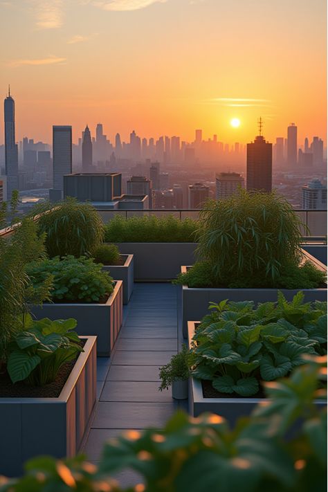 Modern rooftop garden with diverse vegetable containers and city skyline Rooftop Vegetable Garden, Rooftop Garden Urban, Veggie Gardens, Gardening Vegetables, Self Watering Pots, Bountiful Harvest, Container Gardening Vegetables, Different Vegetables, Urban Oasis