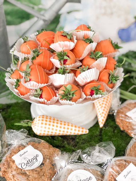 Peter Rabbit Treat Table, Food For Peter Rabbit Party, Peter Rabbit Themed Party Food, Peter Rabbit Sweet Table, Peter Rabbit Food Table, Peter Rabbit Shower Food, Peter Rabbit 2nd Birthday Party, Peter Rabbit Birthday Party Food, Baby Bunny Baby Shower Ideas