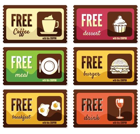 Vintage Free Food Coupon Sticker Labels Vector Food Coupon Design, Coupon Sticker, Food Label Design, Free Food Coupons, Label Design Template, Food Vouchers, Voucher Design, Food Label, Ticket Design