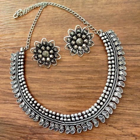 *Premium Quality Oxidised Choker Necklace with Beautiful Earrings 380 ₹ Free shipping*⁰aj20 Oxidised Choker, Oxidised Necklace, Oxidized Silver Necklace, Oxidized Necklace, Fancy Jewelry, Beautiful Earrings, Necklace Set, Beautiful Jewelry, Diamond Necklace