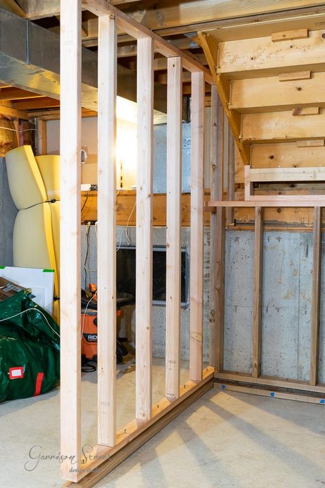 How to Frame Basement Walls Framing A Wall Diy, Easy Basement Walls, Basement Post Ideas, How To Finish A Basement, Sealing Basement Walls, Unfinished Basement Walls, Framing Basement Walls, Finishing A Basement, Basement Diy