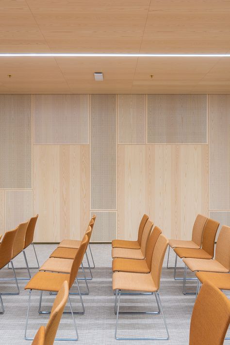 Gustafs acoustic wood panels are cladding this conference room interior. Both walls and ceiling has been mounted with our acoustic panels with three different perforations. #perforatedacousticwoodpanels #conferenceroomdesign #conferenceroominterior #officecomplexinterior #acousticwoodpanels Conference Room Acoustic Panels, Wood Acoustic Wall, Perforated Acoustic Panels, Perforated Wood Panel, Lecture Room Design, Acoustic Panels Wall Design, Acoustic Panel Design, Wood Panel Ceiling, Wood Acoustic Panels