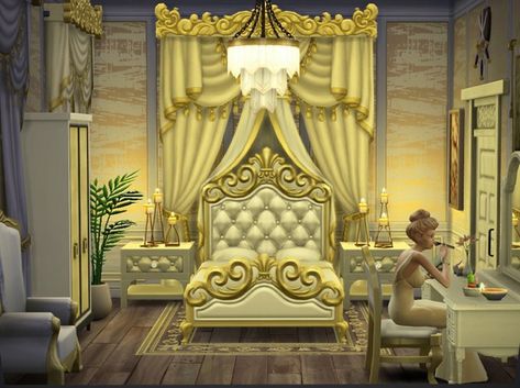 The Sims 4 Cc Royal Furniture, Sims Castle, Sims 4 Vintage Glamour, Sims Mansion, Golden Bedroom, Clumsy Girl, House Sims 4, Royal Bedroom Design, House Bedroom Ideas