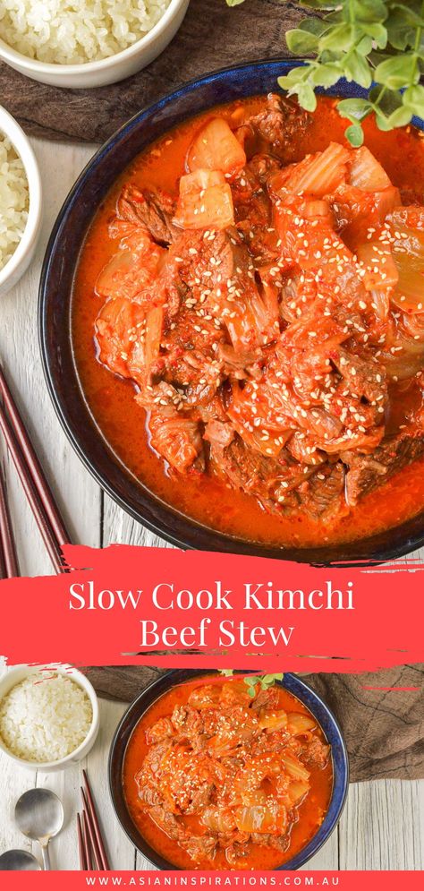 Kimchi Beef Stew, Kimchi Beef, Slow Cook Roast, Jjigae Recipe, Slow Cook Beef Stew, Slow Beef Stew, Korean Recipe, Beef Curry, Korean Recipes