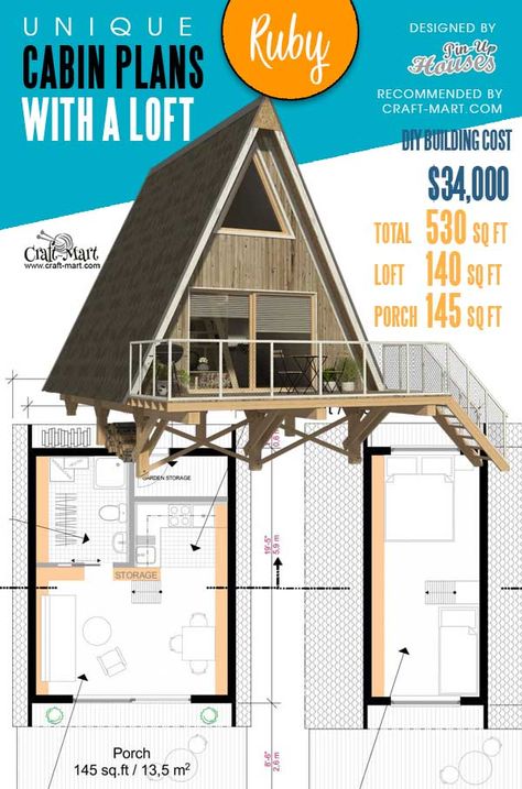 10 unique plans of tiny homes and cabins with loft - Craft-Mart Cabins With Loft, A Frame Cabin Floor Plans, A Frame Floor Plans, House Plans With Loft, Tiny Cabin Plans, Cabin Plans With Loft, A Frame Cabin Plans, Small Cabin Plans, Cabin Loft