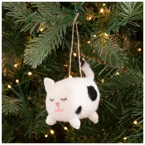 White & Black Cat Ornament | Hobby Lobby | 105737895 White Cat With Black Spots, Cat Christmas Gifts, Sleepy Face, White And Black Cat, Wool Cat, Cat Christmas Gift, Pointed Ears, Polymer Clay Ornaments, Cat Mom Gifts