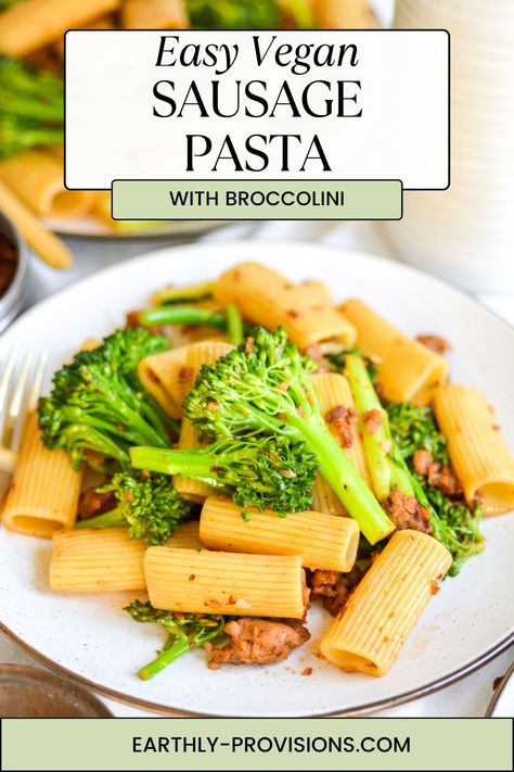 Looking for an easy vegan dinner idea? Look no further than this Vegan Sausage Pasta with Broccolini! Its simple to make and is the perfect vegan weeknight meal because it only requires 30 minutes from start to finish. Vegan Sausage Pasta, Veggie Lunches, Vegan Pasta Noodles, Vegan Weeknight Meals, Broccolini Recipe, Pasta Noodle Recipe, Noodle Recipes Easy, Easy Vegan Dessert, Vegan Pasta Recipes