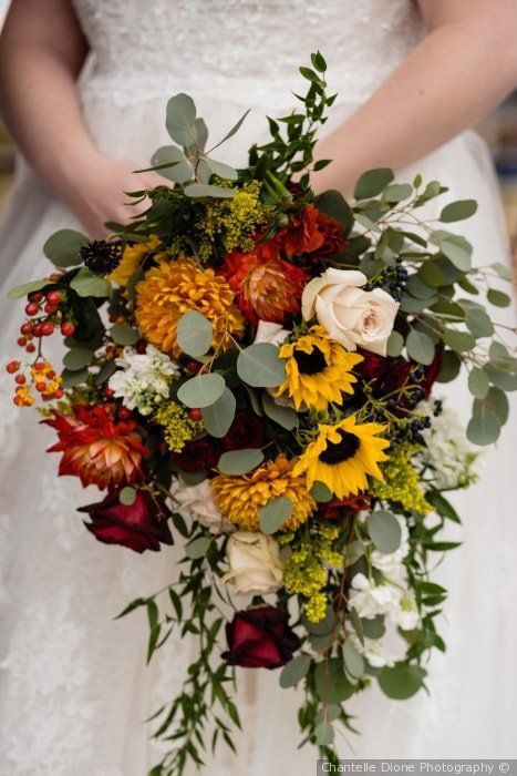 Stunning fall wedding bouquet - yellow,  white, red, orange with greenery {Chantelle Dione Photography} Yellow Wedding Bouquet, Fall Wedding Bouquet, Fall Wedding Ceremony, How To Dress For A Wedding, Cascading Wedding Bouquets, Fall Wedding Bouquets, Fall Wedding Flowers, Fall Wedding Colors, Yellow Wedding