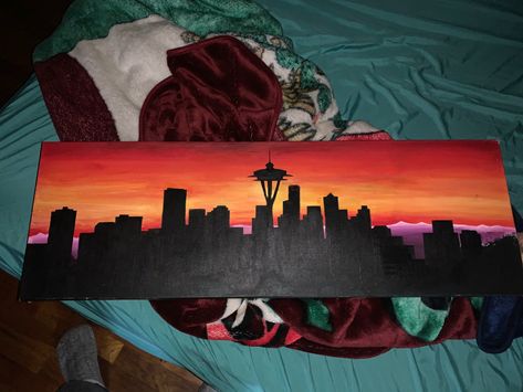 Seattle Skyline Silhouette, Seattle Skyline Painting, Skyline Painting, Seattle Skyline, Seattle, Mood Board, Art