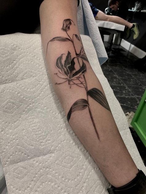 Gloriosa Lily Tattoo, Flame Lily Tattoo, Wilting Flower Tattoo, My Way Tattoo, Flame Lily, Lily Flower Tattoos, Arm Tats, Lily Tattoo, Botanical Tattoo