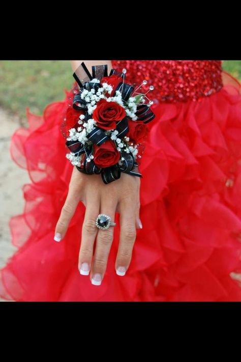 Corsage w/ red roses, perhaps make it slightly smaller Corsage For Red Dress, White Tuxedo Wedding, Prom Flowers Corsage, Homecoming Flowers, Prom Corsage And Boutonniere, Homecoming Corsage, Neon Prom Dresses, Rose Corsage, Illustration Tattoo