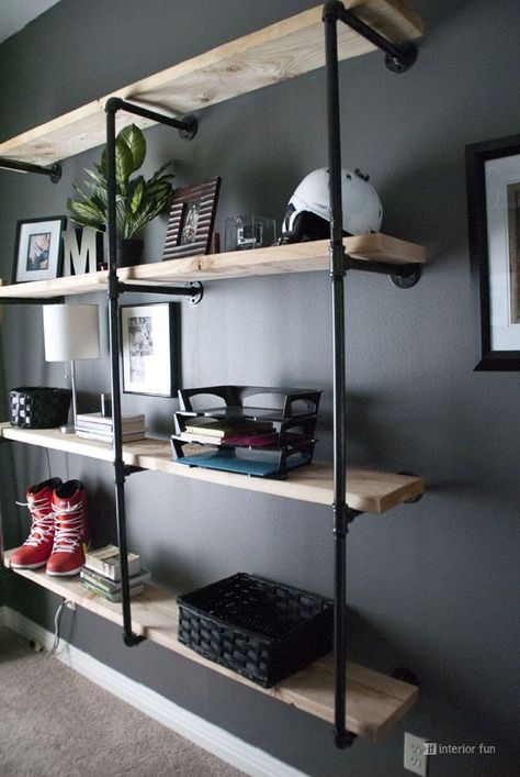 Let this manly and inspired office space serve as a thought starter for your Man Cave creation. Pipe Shelving, Diy Organizing, Family Scripture, House Flipping, Organized Pantry, Rustic Headboard, Decorating Diy, Fun House, Regal Design