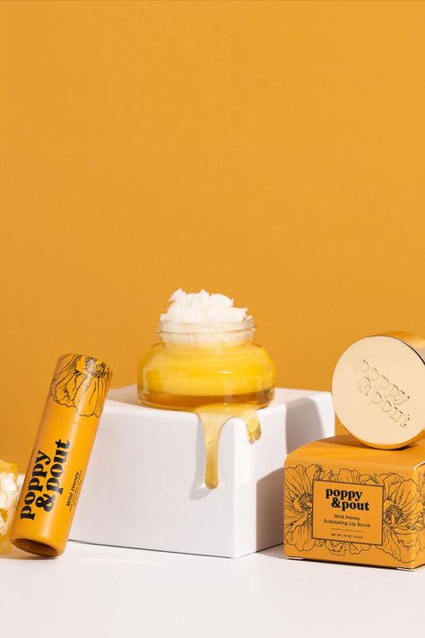 Your lip care routine just got sweeter! Figure out what all the buzz is about and try Wild Honey.💛🍯 Always all natural, cruelty-free, and eco-friendly. Honey Product Photography, Label Layout, Perfume Business, Black Branding, Logo Ornament, Yellow Texture, Makeup Container, Honey Beauty, Aesthetic Branding