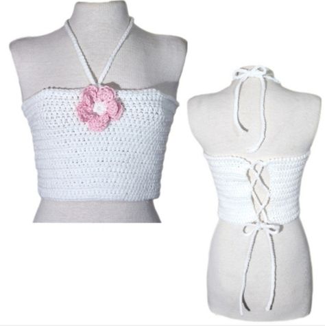 New Handcrafted Crochet Cropped Corset Back Floral Feature Top White Pink Sz Small This Adorable V-Neckline Handmade Summerwear Is Made With The Very Soft Acrylic Caron Yarn May Also Fit Medium But Please Check Your Size Compared To The Below Mentioned Measurements An Essential Warm Weather Tie Back And Neck Tie Back Shirt To Add To Your Wardrobe Features A Cute Crocheted Layered Flower Embellishment Excellent Choice For Summer Parties 4th Of July Celebration, Outdoor Or Indoor Concerts And Most Tie Back Shirt, Crochet Tube Top, 1960s Hippie, Caron Yarn, Cropped Corset, Crochet Clothing And Accessories, Crochet Tank Top, Corset Back, Back Shirt