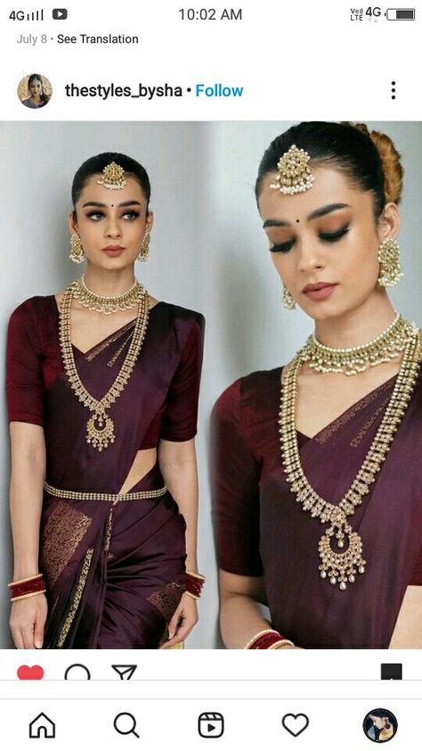 South Indian Bridal Makeup Traditional, Maroon Bridal Saree South Indian, Maroon Blouse Designs Bridal, Simple South Indian Bride, South Indian Wedding Saree, South Indian Bride Saree, Saree Wearing Styles, Bridal Sarees South Indian, Indian Sari Dress