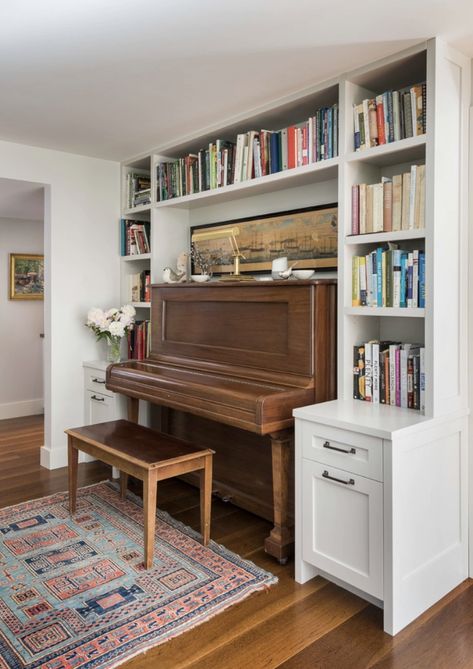 Small Office With Piano, Home Piano Room, Piano Parlor Room, Piano Office Room, Piano Focal Point Living Room, Piano Storage Ideas, Shelves Around Piano, Room Mates Aesthetic, Scandinavian Piano Room