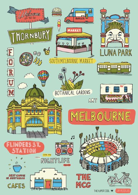 Melbourne Map Illustration, Australia Graphic Design, Tourism Design Ideas, Melbourne Drawing, Melbourne Illustration, Print Layout Design, Melbourne Poster, Australia Illustration, Melbourne Australia City