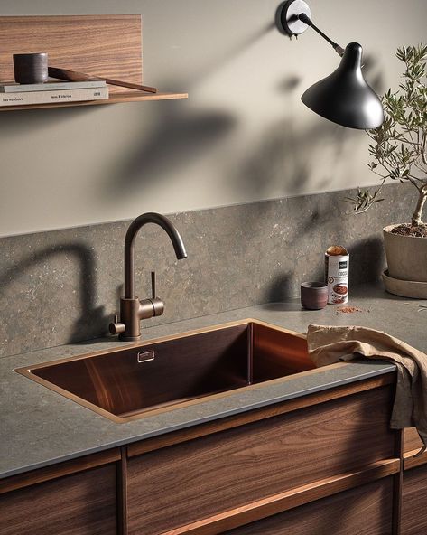 Bricmate AB on Instagram: “The Azul Olive countertop is rich in color with beautiful fossil-like details. Our countertops are highly durable and do not stain from…” Copper Countertop, Copper Taps, Copper Sink, Copper Kitchen, Stylish Kitchen, Kitchen Taps, Kitchen Faucet, Kitchens Bathrooms, Kitchen Sink