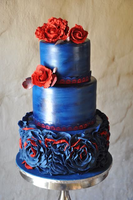 Rozanne's Cakes: Royal blue and bright red fondant ruffle wedding c... Blue And Red Quinceanera Ideas, Red And Blue Wedding Dress, Red And Royal Blue Quinceanera Theme, Royal Blue And Red Wedding Theme, Red Black Blue Wedding Theme, Blue And Red Cake, Red And Blue Quinceanera Theme, Red And Blue Cake, Red Black Royal Blue Wedding Theme