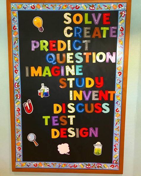 Prek Science Bulletin Board, Science Theme Bulletin Boards, Stem Room Bulletin Boards, Chemistry Bulletin Boards High Schools, Science Fair Bulletin Board Ideas, Science And Social Studies Bulletin Board, Middle School Science Door Decorations, Science Displays Secondary, Science Door Ideas