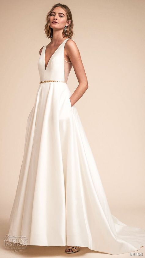 bhldn spring 2018 bridal sleeveless deep v neck simple clean a  line wedding dress open v back chapel train (16) mv -- BHLDN Spring 2018 Wedding Dresses Bhldn Wedding Dress, Bhldn Wedding, Wedding Dress Belt, Wedding Dress With Pockets, V Neck Wedding Dress, Jenny Yoo, Wedding Dresses Satin, Dress Out, Vestidos Vintage