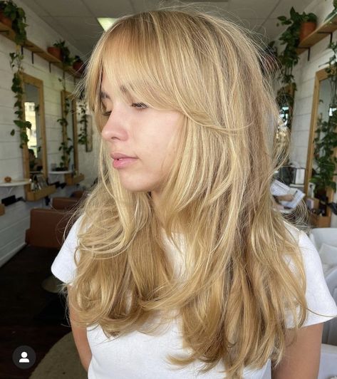 Curtain Bangs Medium Hair With Layers, Layered 70s Hair, Blended Bangs Into Hair, 70s Hair Layers, 70s Style Haircut, 70s Hair Cuts, Blonde Hair Edgy, Sabrina Carpenter Hair Layers, Long Hair Fringe Styles