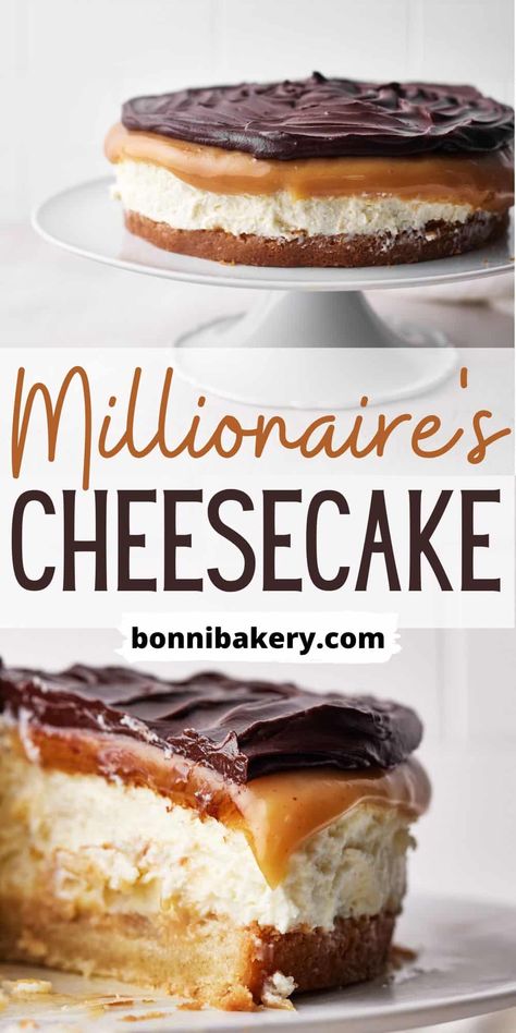 This Millionaire's cheesecake is a twist on the classic Scottish traybake - Millionaire's shortbread. It has a shortbread base, a creamy no-bake cheesecake filling and is topped with gooey caramel and chocolate ganache. It's a truly decadent dessert that will impress your guests! Great for caramel lovers, cheesecake lovers and chocolate lovers! #cheesecake, #millionairescheesecake #cheesecakeideas #nobakecheesecake #millionairesshortbread #carameldesserts #caramelshortcake #caramelshortbread Dime Bar Cheesecake, Taste Of Home Cheesecake, Millionaires Cake Recipe, Top Cheesecake Recipes, No Bake Millionaire Cheesecake Bars, Best Salted Caramel Cheesecake, Millionaire Cheesecake Salad, Best Caramel Dessert Recipes, What To Do With Cheesecake Filling