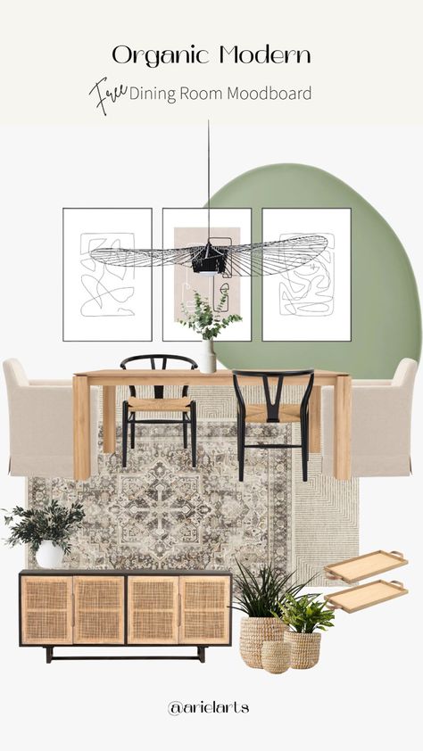 Dining room interior Moodboard Modern Organic Ikea, Transitional Dinner Table, Modern Dining Room 2023, Organic Modern Bedroom With Green, Organic Modern Decor Dining Tables, Organic Transitional Dining Room, Beachy Organic Modern, Modern Organic Moodboard, Organic Modern Dinner Table