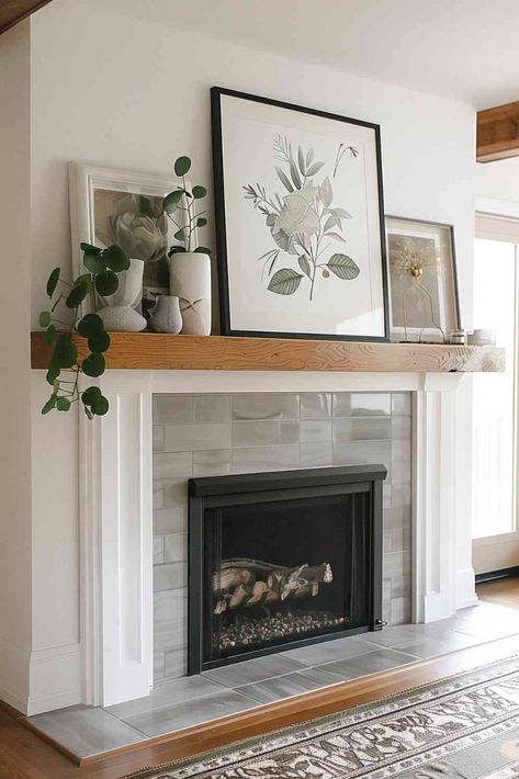 40 Modern Mantel Decor Ideas To Elevate Your Fireplace with Style Crown Molding Mantle, Fireplace Mantel Decorating Ideas Modern, Fireplace Mantle Decor Modern, Everyday Mantle Decor, Modern Mantel Decor, Fireplace Modern Design, Chimney Decor, Fireplace Accent Walls, Modern Mantel