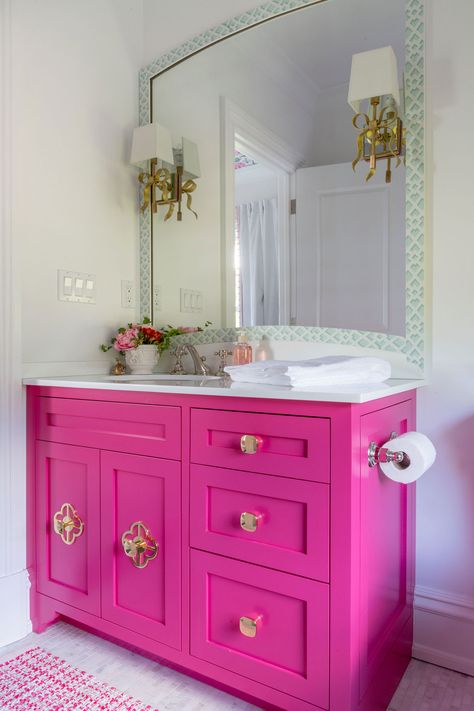 Photography by Stephane Kossman Interior by Prudence Homes Fushia Bathroom Ideas, Hot Pink Bathroom Vanity, Long Bathroom, Pink Bathroom Vanity, Hot Pink Bathroom, Powder Bathroom Ideas, Eclectic Bathroom, Bathroom Tile Designs, Pink Bathroom