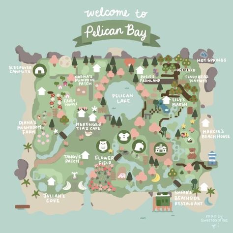 DA - 3291-8001-3454 Fairycore Island, Acnh Guide, Animal Crossing Hair, Island Layout, Cottagecore Animal Crossing, Dream Address, Pelican Bay, Motif Acnl, Map Layout