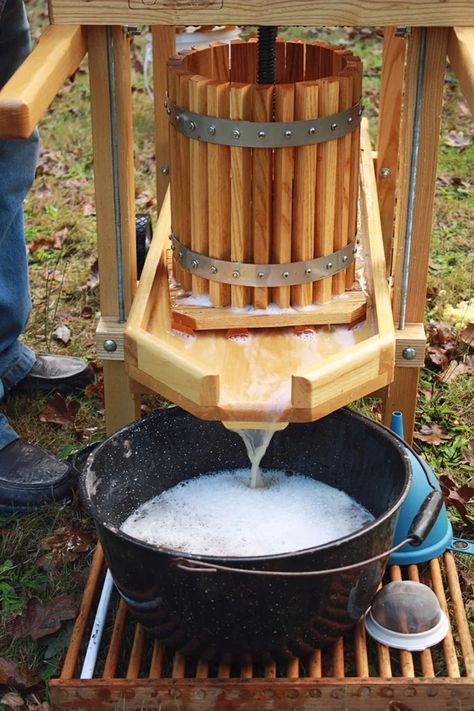 Cider Press Diy, Cold Hollow Cider Mill, Wood Wine Rack Diy, Clydes Cider Mill, Apple Cider Press, Diy Apple Cider, Making Hard Cider, Distilling Equipment, Apple Press