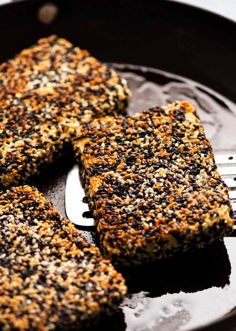 Sesame Crusted Tofu, Tofu Steaks, Crusted Tofu, Chia Pudding Recipes Healthy, Meatless Mains, Tofu Steak, Sesame Tofu, Tofu Recipe, Recipetin Eats