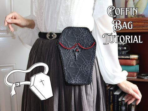 This coffin bag is perfect for fans of hand sewing with a soft spot for the gothic! The project lends itself to beginners looking to improve their hand sewing skills, or experienced sewers wanting a simple but involved project. The instructions detail how to make the bag, from sourcing the materials to attaching the bag to a belt for ease of wear. Purchase includes: -Printable PDF pattern -20 page tutorial, with pictures for every step and clear instructions  -(+ a BONUS fan holder pattern and instructions!) I am also always available to message if you get stuck during the making process, you can either contact me through here or on any other social media (listed below).  Please check out my shop for more tutorials, or follow me on various social medias to keep abreast of new products or j Bag Insert Sewing Pattern, Coffin Bag Sewing Pattern, Sewing Pattern Accessories, Emo Sewing Patterns, Simple Bag Sewing Pattern, Cute Bag Sewing Pattern, Grunge Sewing Projects, Gothic Sewing Projects, Alternative Sewing Patterns