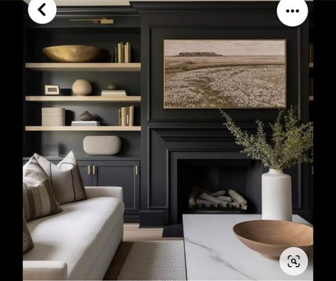 Black Fireplace Shelves, Built In Television Wall, Moody Tv Room Ideas, Black Fireplace With Built Ins, Tv Fireplace Wall Ideas Built Ins, Fireplace Refacing, Fireplace Office, Modern Fireplace Ideas Living Rooms, Cathedral Ceiling Living Room