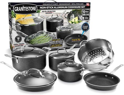 Aluminum, Dishwasher-Safe, PFOA-Free As Seen On TV#affiliate Best Nonstick Cookware Set, Tv Kitchen, Kitchen Cookware Sets, Nonstick Cookware Sets, Pots And Pans Sets, Cooking Set, Stainless Steel Cookware, Nonstick Cookware, Granite Stone