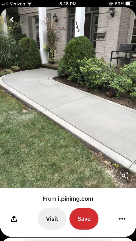 Stamp Concrete Walkway, Sidewalk Extension Ideas, Front Sidewalk Ideas Concrete, Flowerbed Along Sidewalk, Sidewalk To Backyard, Concrete Sidewalk Around House, Cement Walkways To Front Door, Curved Sidewalk To Front Door, Cement Sidewalk Ideas