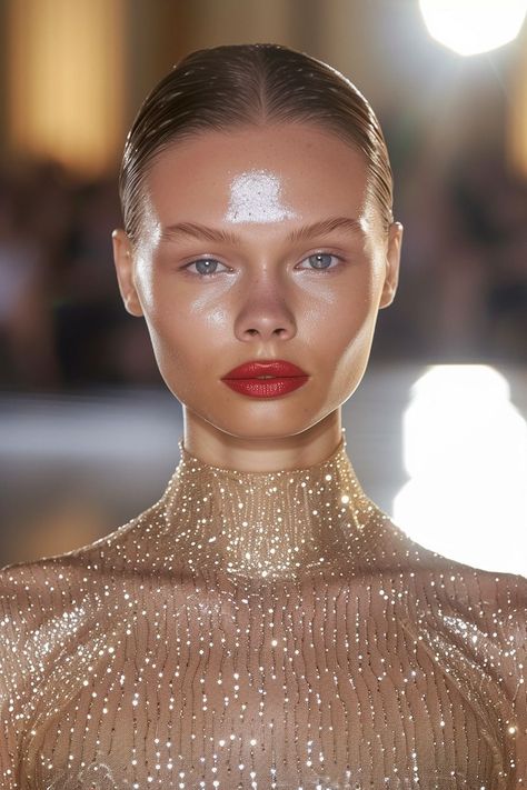 Gold skin Wet Look Makeup, High Fashion Makeup Editorial, Runway Makeup Looks, Brows Natural, Bronzed Makeup, Photographic Makeup, Wet Makeup, Dress Editorial, Wet Look Hair